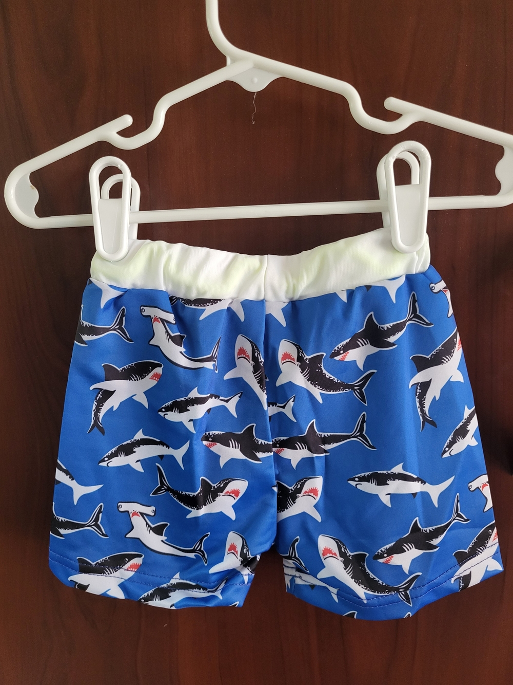 Boys Blue Shark-Print Swim Trunks with Elastic Waist